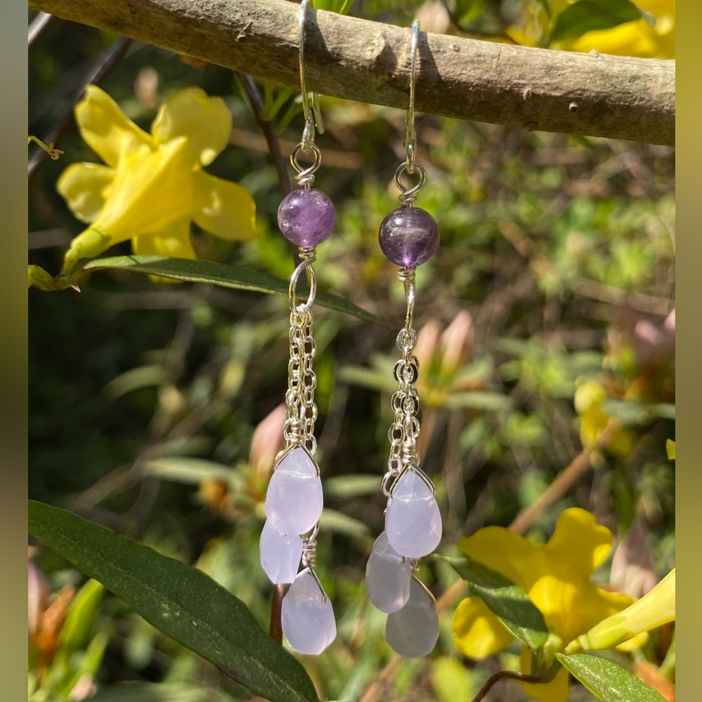Purple Amethyst & Lavender Chalcedony Silver Dangle Earrings